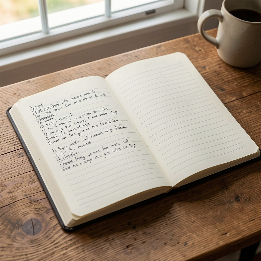 Notebook open on a wooden desk with handwritten food journal entries, natural daylight