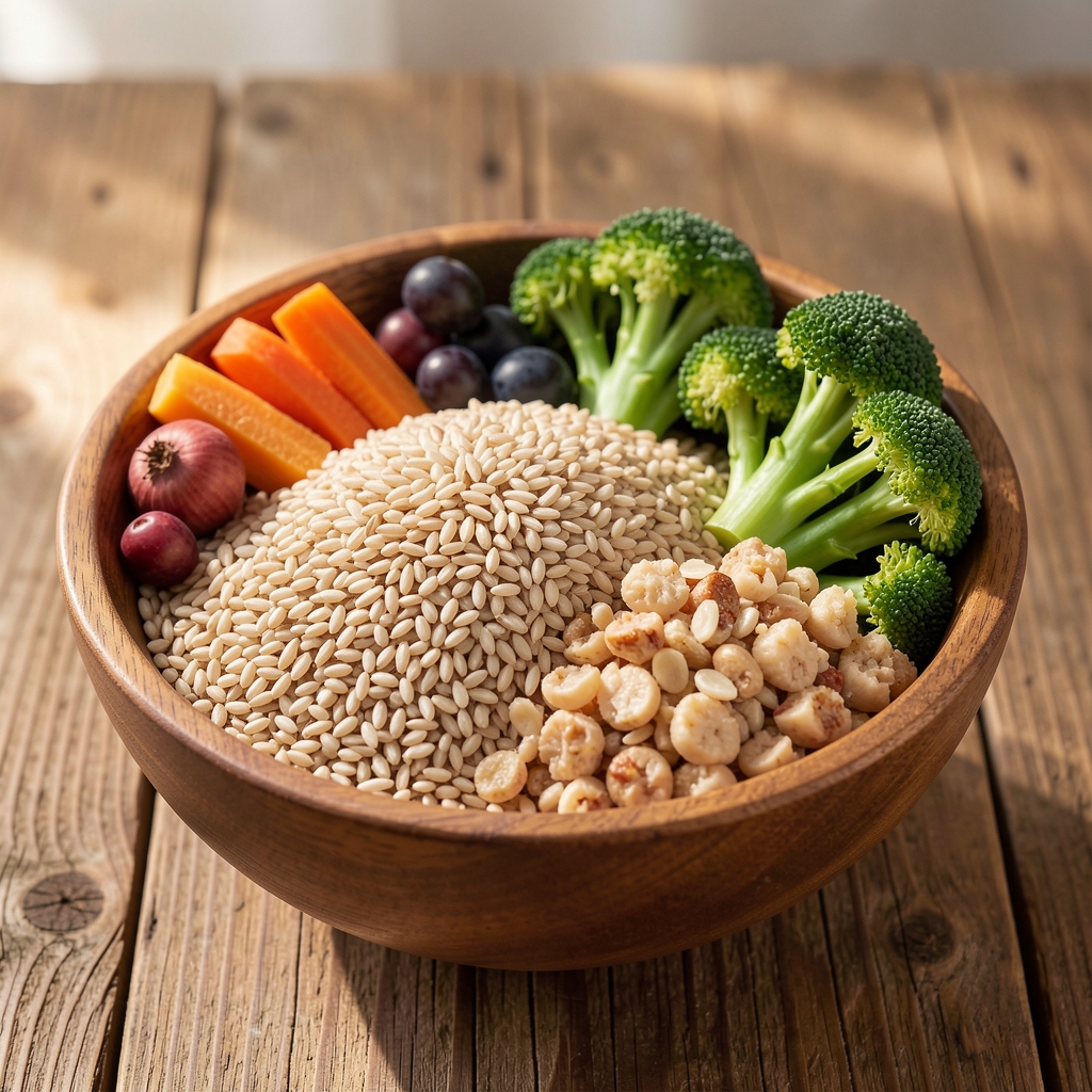 Bowl of whole foods including grains and vegetables in natural light on a wooden surface