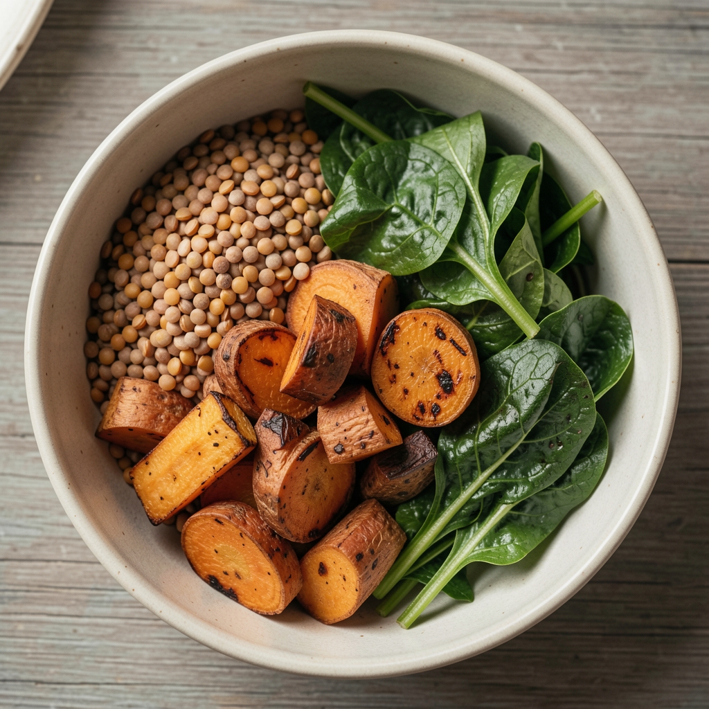 Bowl of whole foods including lentils, roasted root vegetables and leafy greens in natural light, overhead editorial composition