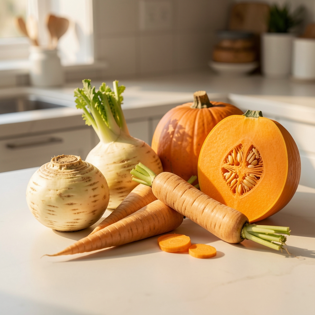 Seasonal root vegetables — celeriac, parsnip, and squash — arranged on a pale kitchen surface in warm natural light