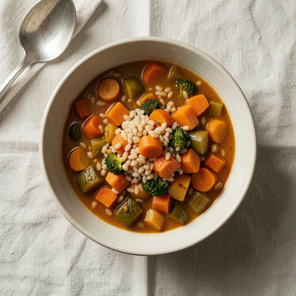 A bowl of slow-cooked vegetable stew with grains, photographed from above on a pale linen surface