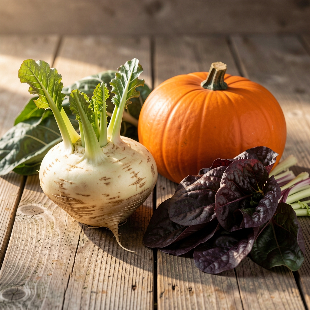 Seasonal winter vegetables including celeriac, squash and dark leafy greens arranged on a weathered wooden surface, morning light