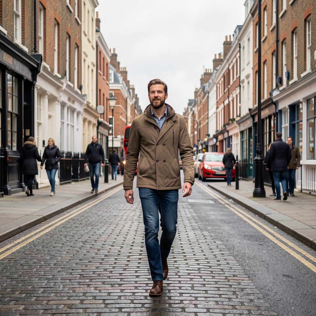 Active morning walk on a quiet London street, overcast light, street level composition