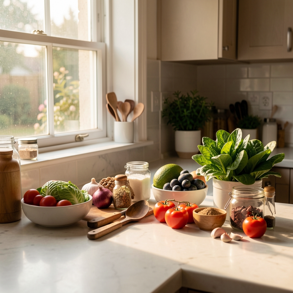 Morning light through a kitchen window with whole ingredients visible on the counter, quiet composition