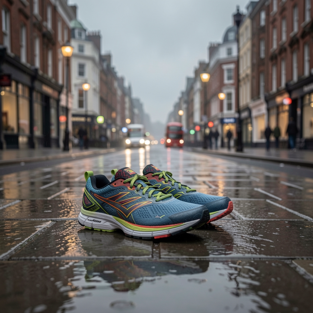 Running shoes on wet London pavement at dawn, overcast grey sky, documentary street-level composition