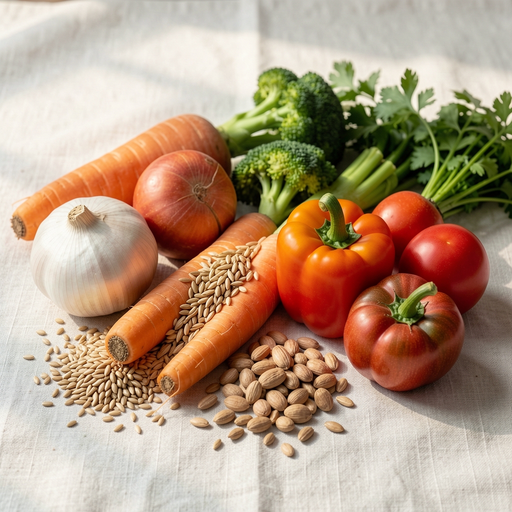 Seasonal vegetables and whole grains arranged on a pale linen surface, natural morning light, editorial composition