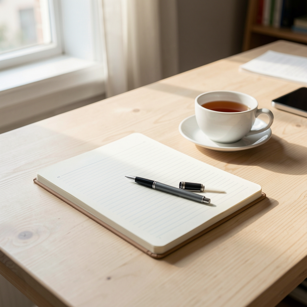 Notebook and pen on a pale wooden desk with a cup of tea, natural morning light, editorial working environment